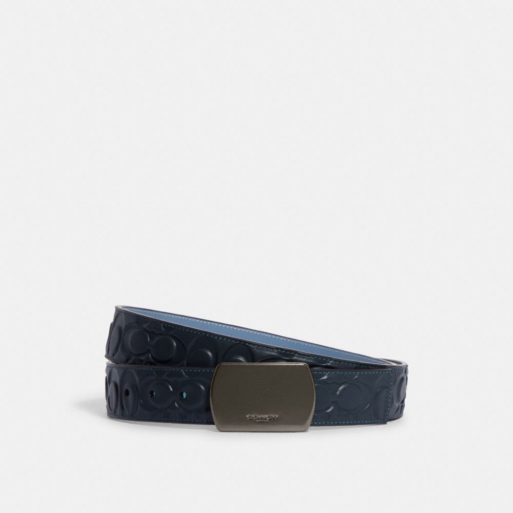 COACH®,PLAQUE BUCKLE CUT-TO-SIZE REVERSIBLE BELT, 38MM,Black Antique Nickel/Midnight/Indigo,Front View