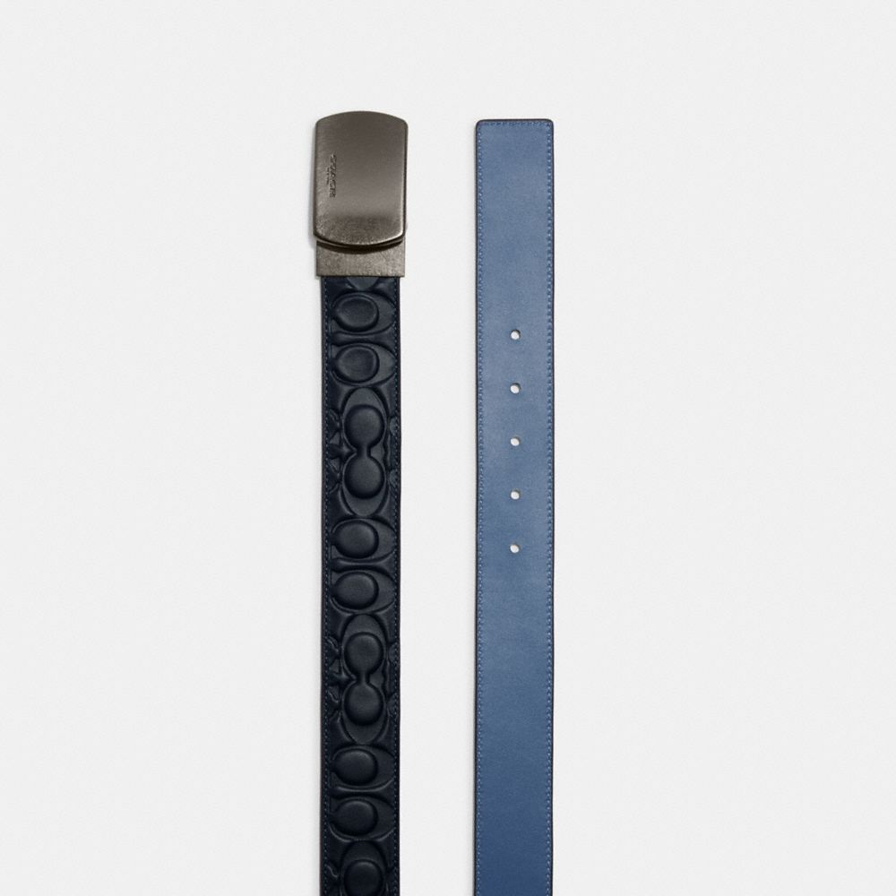 COACH®,PLAQUE BUCKLE CUT-TO-SIZE REVERSIBLE BELT, 38MM,Black Antique Nickel/Midnight/Indigo,Angle View