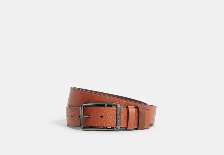 COACH®,DOUBLE BAR BUCKLE CUT-TO-SIZE REVERSIBLE BELT, 38MM,Refined Pebble Leather,Black Antique Nickel/Sunset/Saddle,Front View