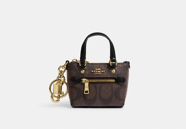 COACH®,MINI GALLERY BAG CHARM IN SIGNATURE CANVAS,Signature Coated Canvas,Gold/Brown Black,Front View