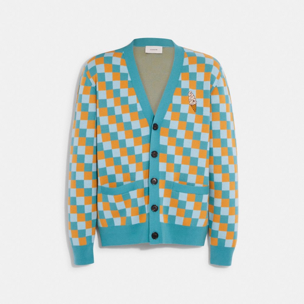 COACH®,ICE CREAM CHECKERED CARDIGAN,Teal Multicolor,Front View