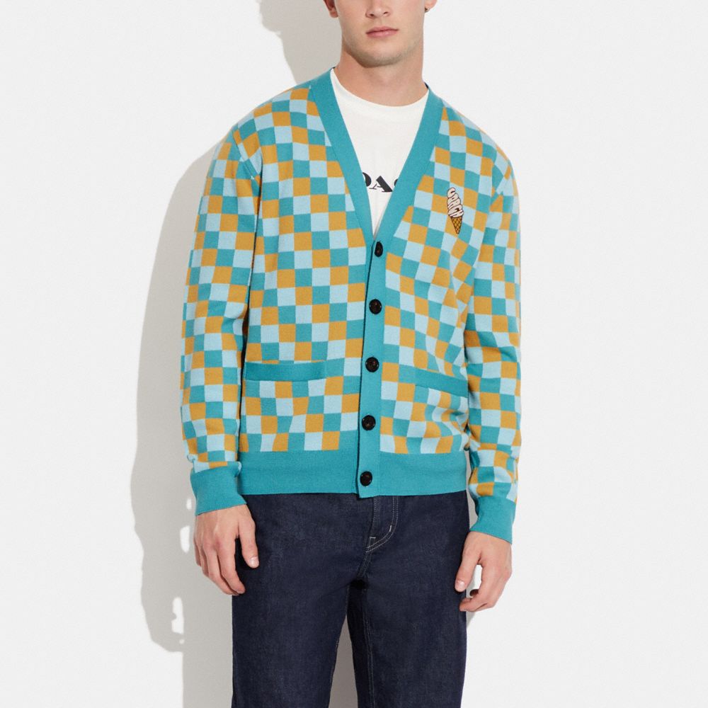 COACH®,ICE CREAM CHECKERED CARDIGAN,Teal Multicolor,Scale View