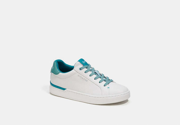 COACH®,CLIP LOW TOP SNEAKER,Leather,Optic White/ Blue Green,Front View