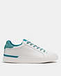 COACH®,CLIP LOW TOP SNEAKER,Leather,Optic White/ Blue Green,Angle View