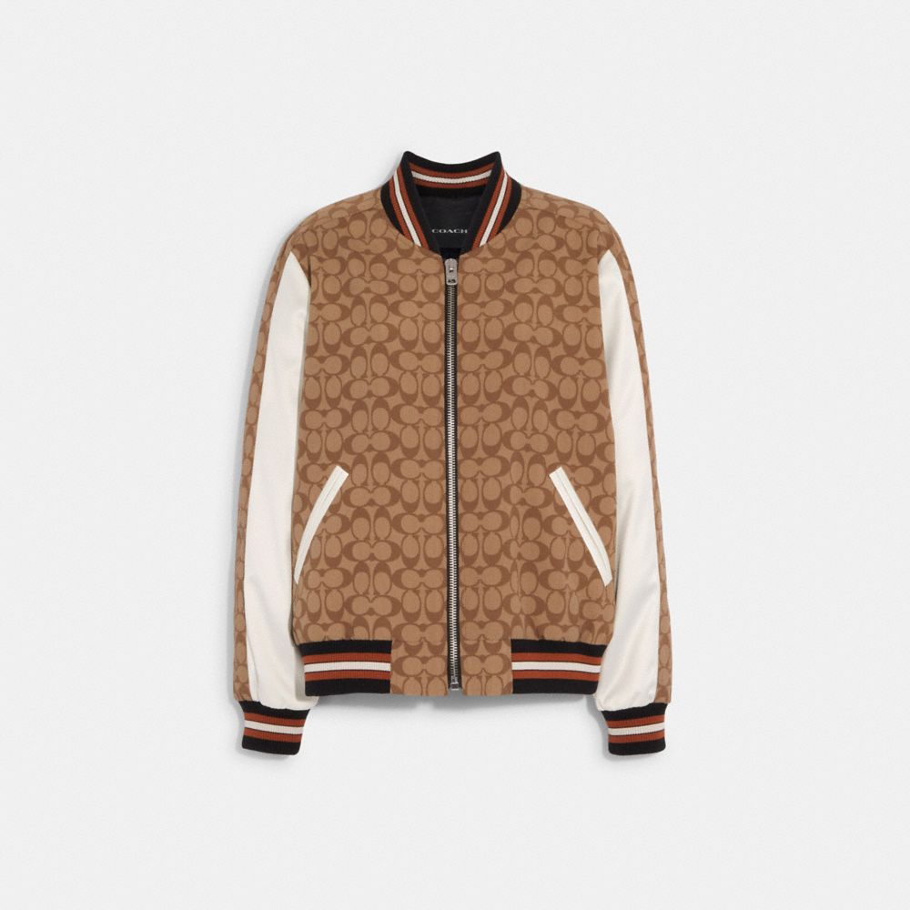 COACH®,SIGNATURE SOUVENIR JACKET,Khaki Multi,Front View