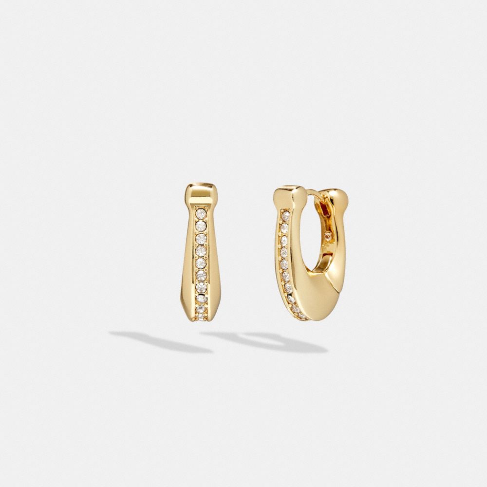 COACH®,PAVÉ SIGNATURE HINGED SMALL HOOP EARRINGS,Brass,Gold,Front View