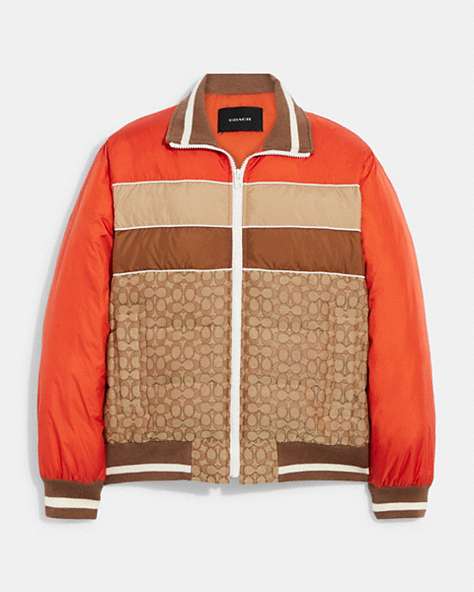 COACH®,PUFFER BOMBER JACKET,Polyester,Orange/Tan Signature Multi,Front View