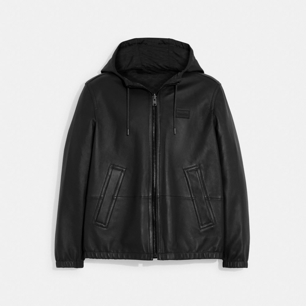 COACH®,REVERSIBLE LEATHER JACKET,Charcoal Signature/Black,Front View