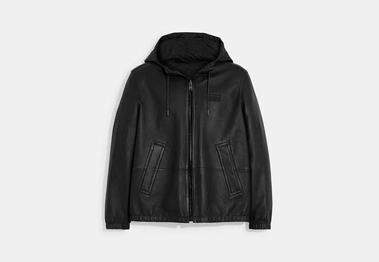 COACH®,REVERSIBLE LEATHER JACKET,Leather,Charcoal Signature/Black,Front View