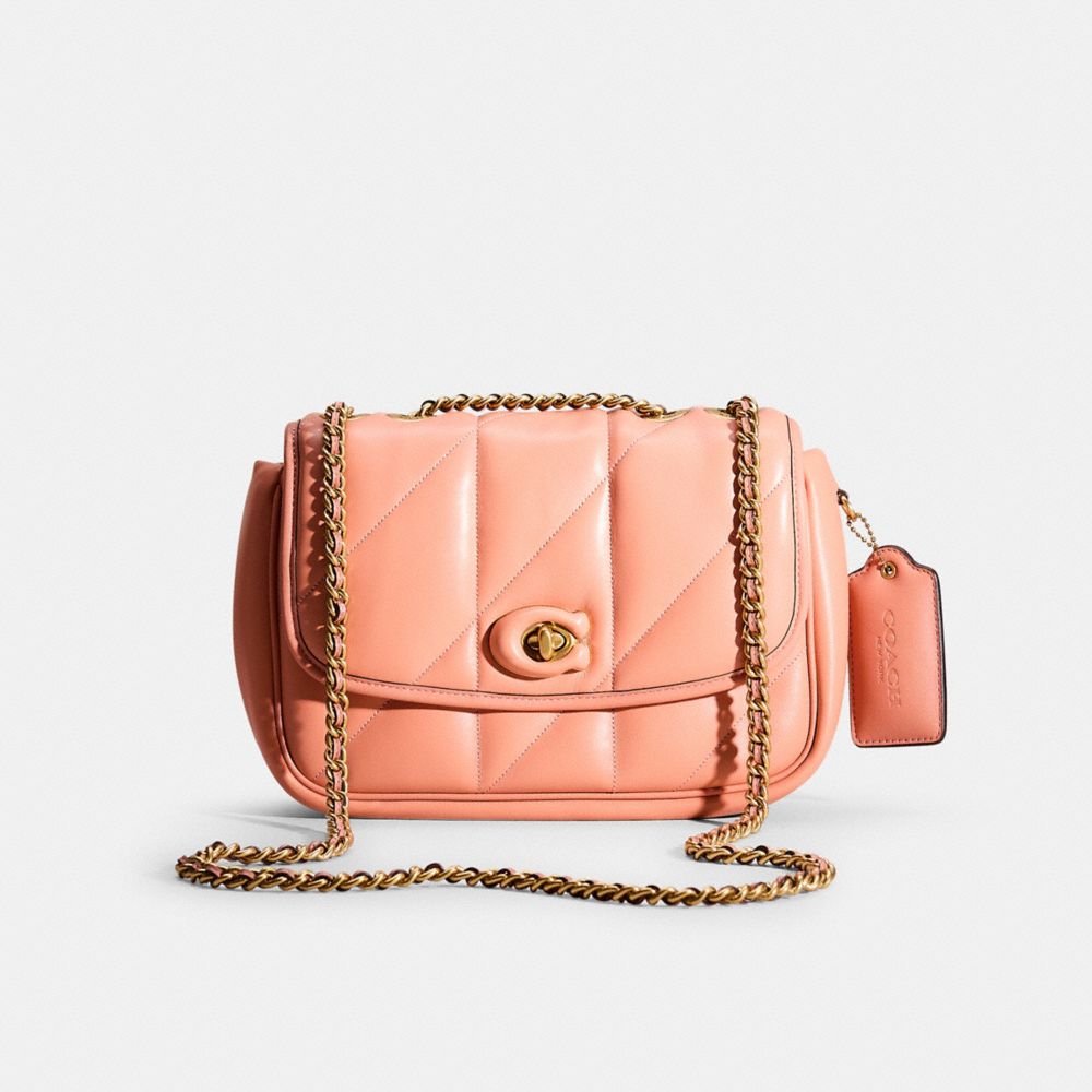 COACH®,Restored Pillow Madison Shoulder Bag With Quilting,Leather,Shoulder Bag,Logo,Pen Holder,Brass,Day Party,Orange,Front View