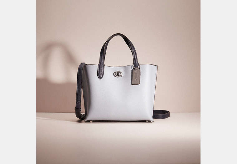 COACH®,RESTORED WILLOW TOTE 24 IN COLORBLOCK,Polished Pebble Leather,Silver/Grey Blue Multi,Front View