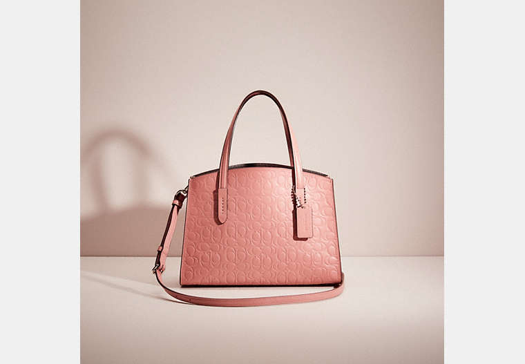 COACH®,RESTORED CHARLIE CARRYALL 28 IN SIGNATURE LEATHER,Smooth Leather,Silver/Light Blush,Front View