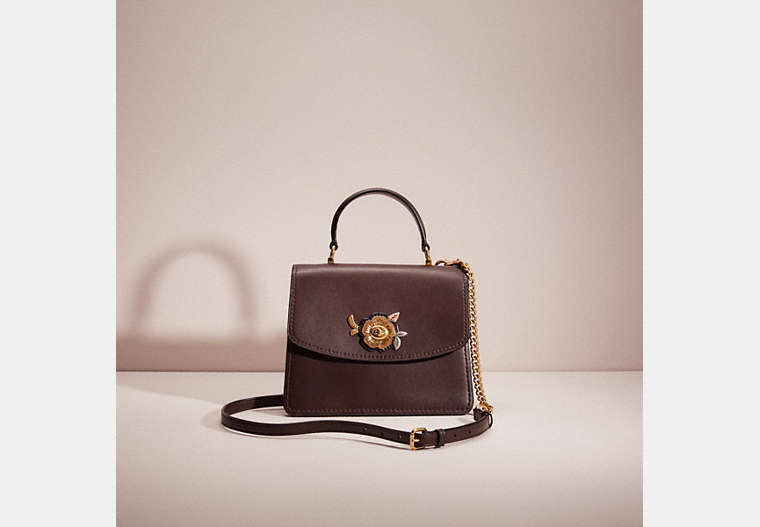COACH®,RESTORED PARKER TOP HANDLE WITH TEA ROSE STONES,Refined Calf Leather,Medium,Brass/Oxblood,Front View