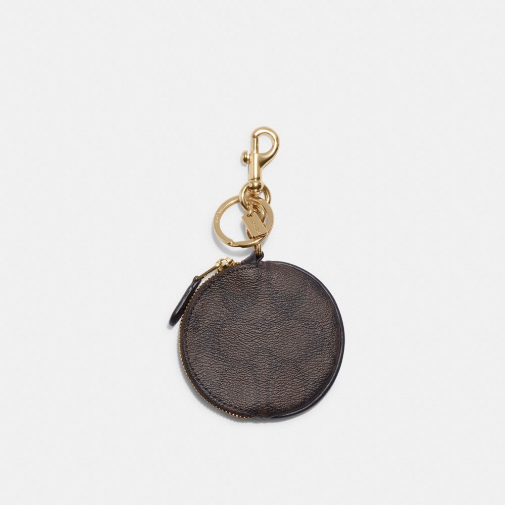 COACH®,CIRCULAR COIN POUCH BAG CHARM IN SIGNATURE CANVAS,Mini,Gold/Brown Black,Front View