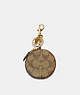 COACH®,CIRCULAR COIN POUCH BAG CHARM IN SIGNATURE CANVAS,canvas,Mini,Gold/Khaki,Front View