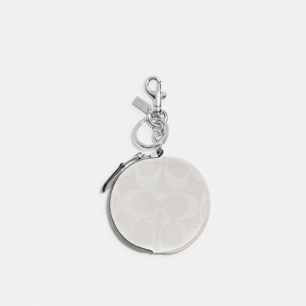 COACH®,CIRCULAR COIN POUCH BAG CHARM IN SIGNATURE CANVAS,Mini,Silver/Chalk/Glacier White,Front View