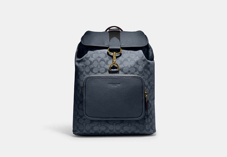 COACH®,SULLIVAN BACKPACK IN SIGNATURE CHAMBRAY,X-Large,Brass/Denim,Front View