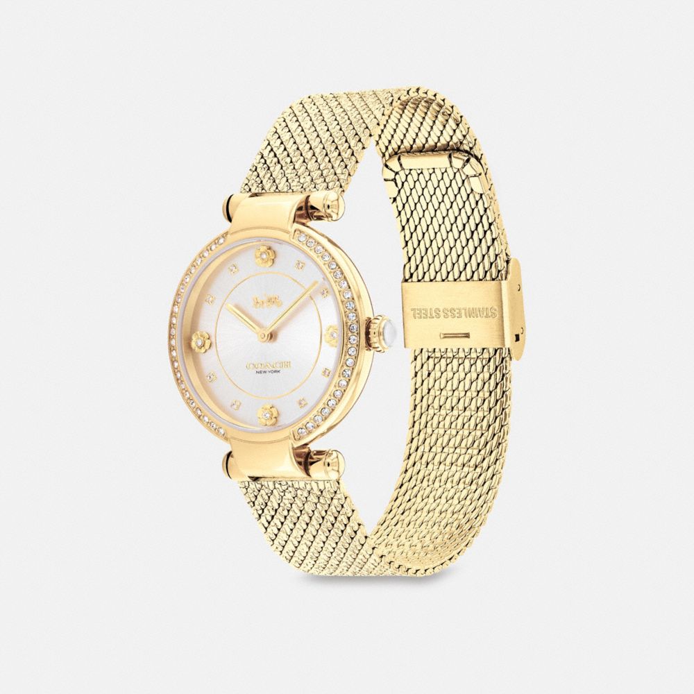 COACH®,Cary Watch, 34 Mm,Analog,Crystal,Gem Embellishment,Logo,Word Embellishment,Water Resistant,Gold Metal,Formal,,Angle View