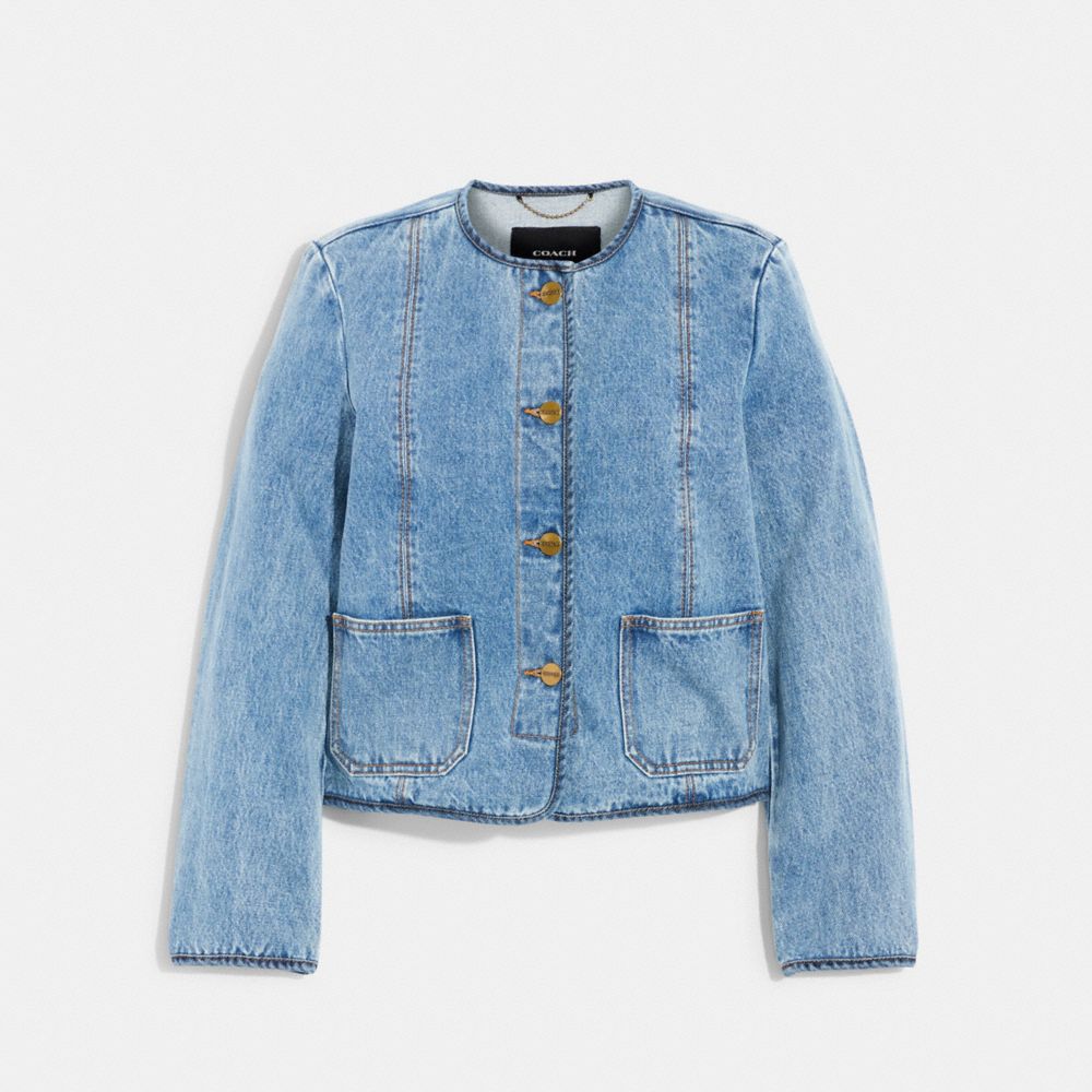 COACH®,DENIM CARDI JACKET,Blue,Front View image number 0