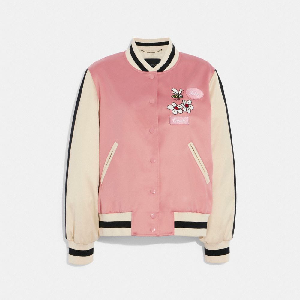 COACH®,DISNEY X COACH SOUVENIR JACKET,Polyester,Pink/Multi,Front View