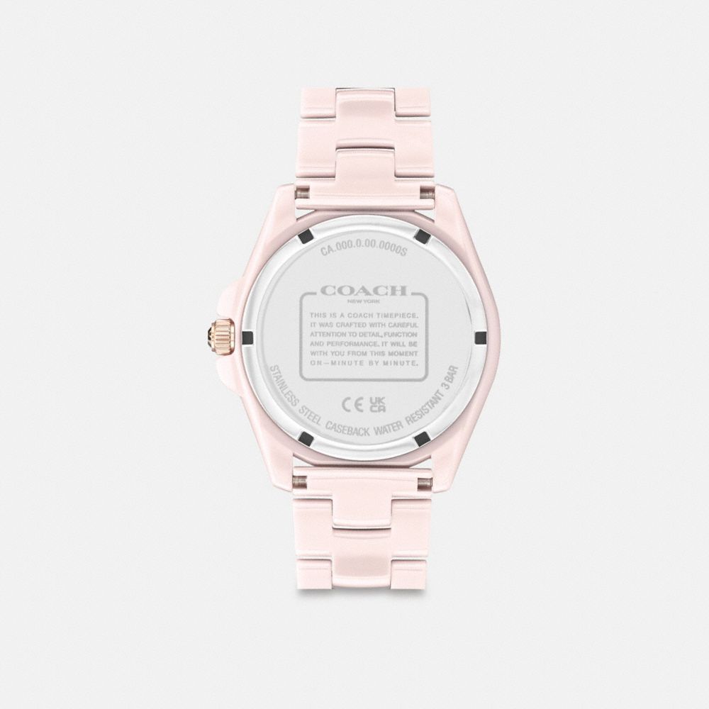 COACH®,Greyson Watch, 36 Mm,Analog,Crystal,Ceramic,Logo,Gem Embellishment,Word Embellishment,Water Resistant,Cocktail,Pink,Back View