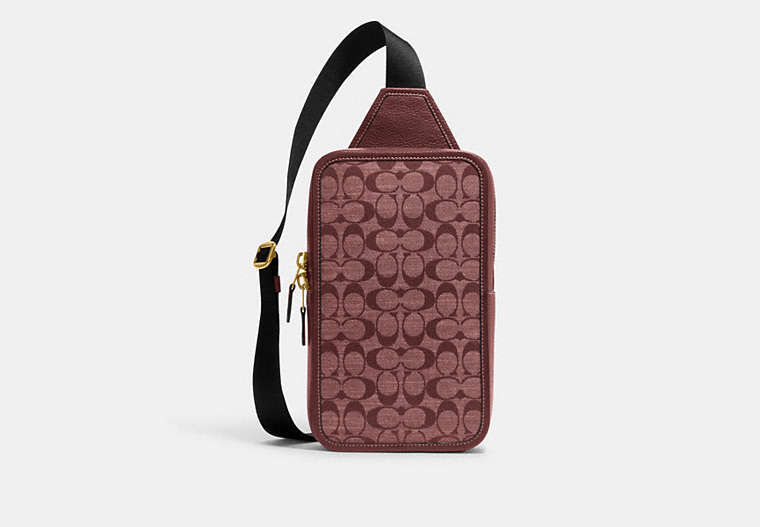 COACH®,SULLIVAN PACK IN SIGNATURE CHAMBRAY,Medium,Brass/Wine,Front View