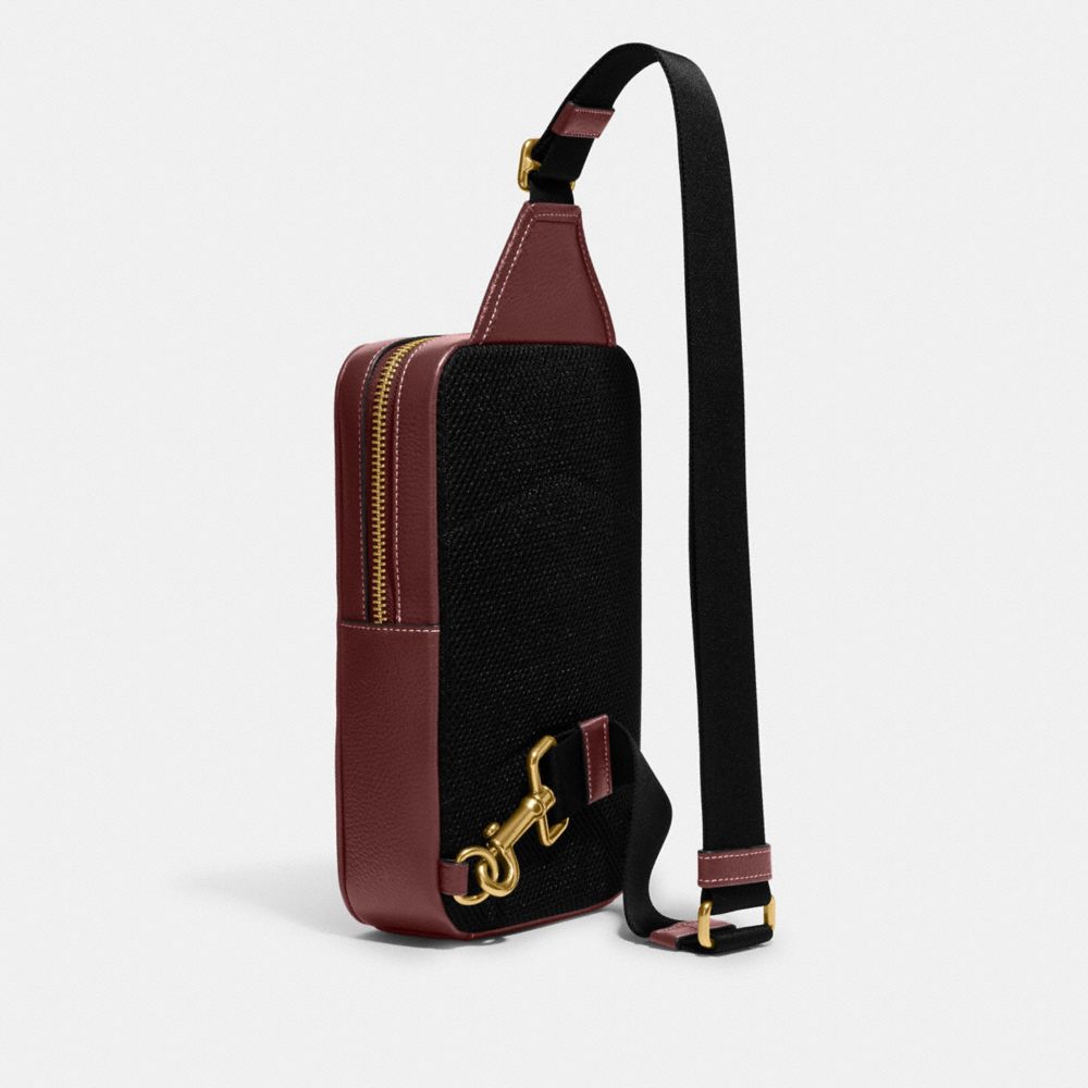 COACH®,サリバン パック・シグネチャー シャンブレー,斜め掛け&ボディバッグ,ﾌﾞﾗｽ/ﾜｲﾝ