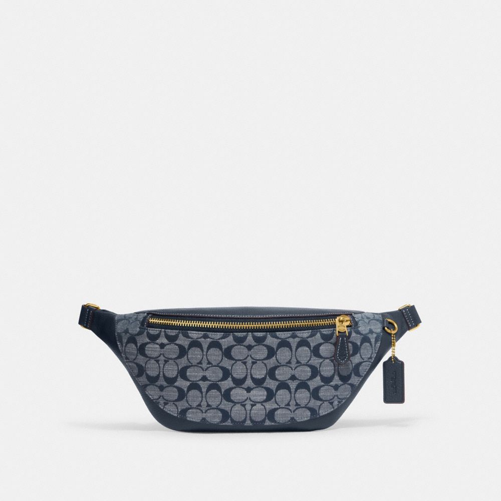 COACH®,WARREN BELT BAG IN SIGNATURE CHAMBRAY,Denim,Medium,Brass/Denim,Front View