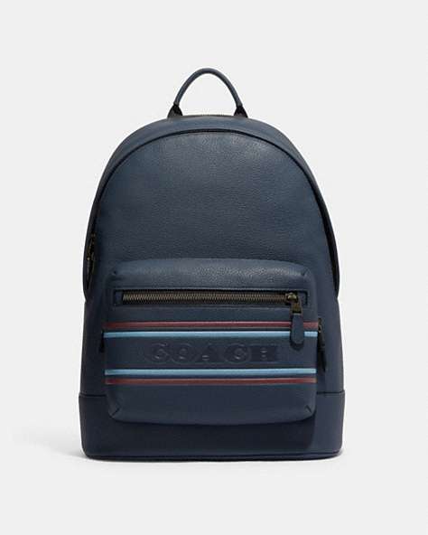 COACH®,WEST BACKPACK WITH COACH STRIPE,Leather,Office,Gunmetal/Denim Multi,Front View