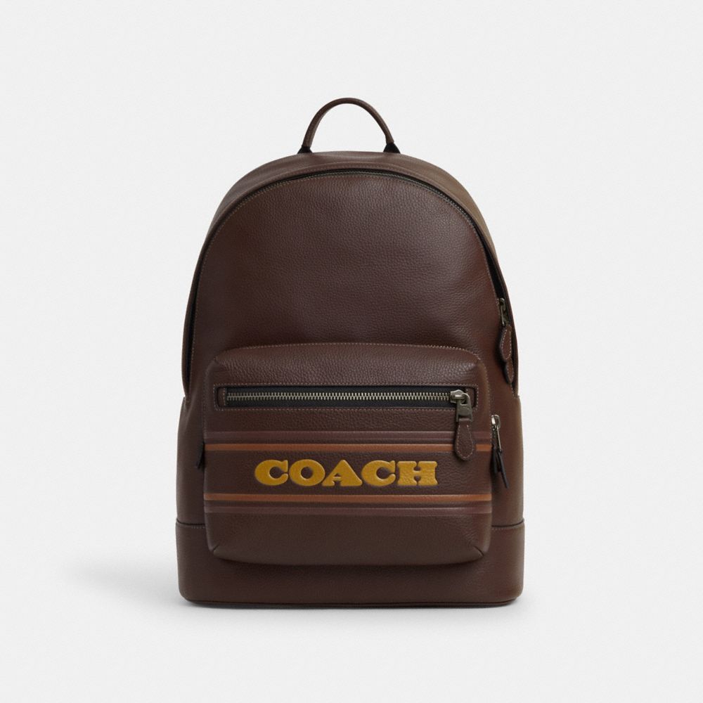 COACH®,WEST BACKPACK WITH COACH STRIPE,Novelty Leather,X-Large,Office,Gunmetal/Mahogany Multi,Front View