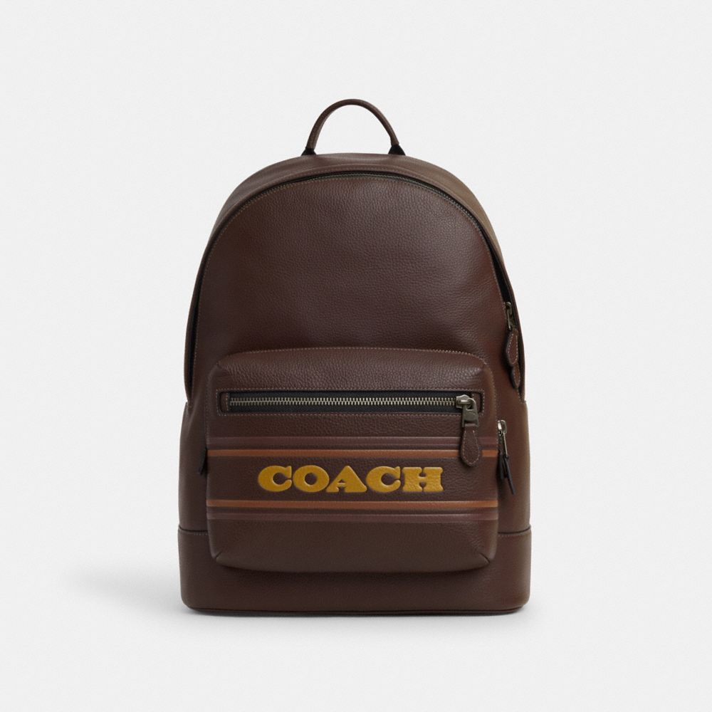 COACH®,SAC À DOS WEST AVEC BANDE COACH,PITONE LUCIDO,Bronze industriel/Acajou Multi,Front View