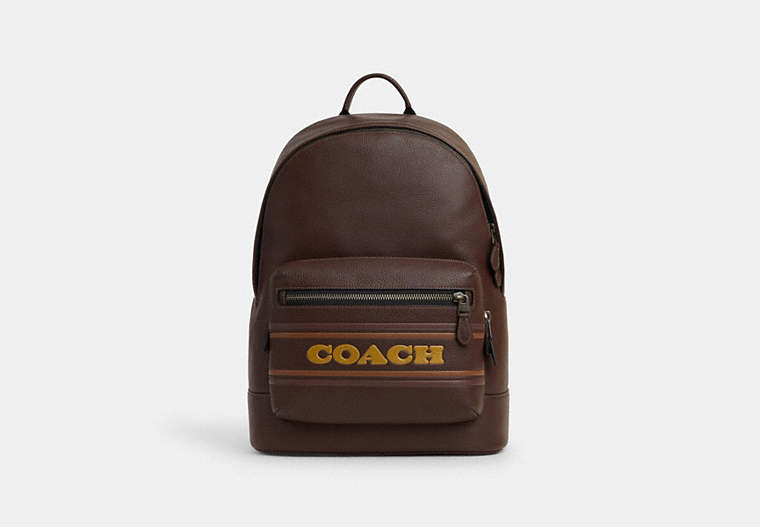 COACH®,WEST BACKPACK WITH COACH STRIPE,Leather,X-Large,Office,Gunmetal/Mahogany Multi,Front View
