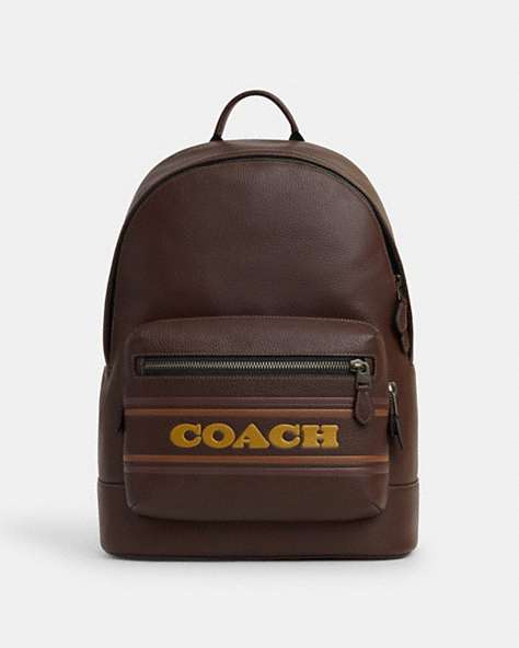 COACH®,WEST BACKPACK WITH COACH STRIPE,Leather,X-Large,Office,Gunmetal/Mahogany Multi,Front View