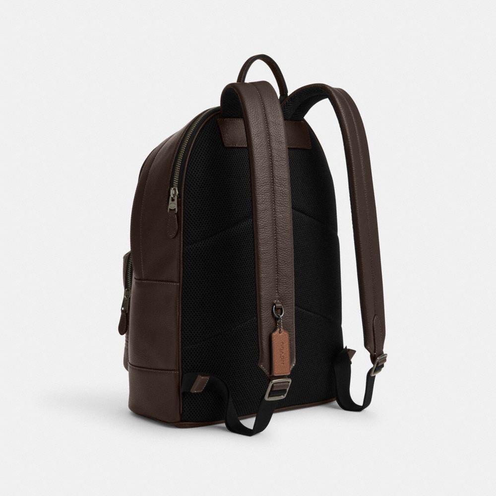 COACH®,WEST BACKPACK WITH COACH STRIPE,Novelty Leather,X-Large,Office,Gunmetal/Mahogany Multi,Angle View