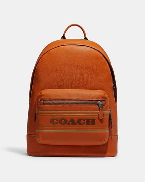COACH®,WEST BACKPACK WITH COACH STRIPE,Leather,X-Large,Office,Black Antique Nickel/Canyon Multi,Front View