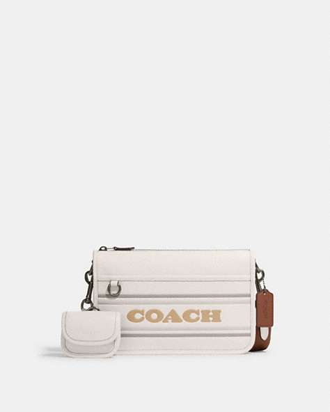 COACH®,HERITAGE CONVERTIBLE CROSSBODY WITH COACH STRIPE,Leather,Mini,Gunmetal/Chalk Multi,Front View