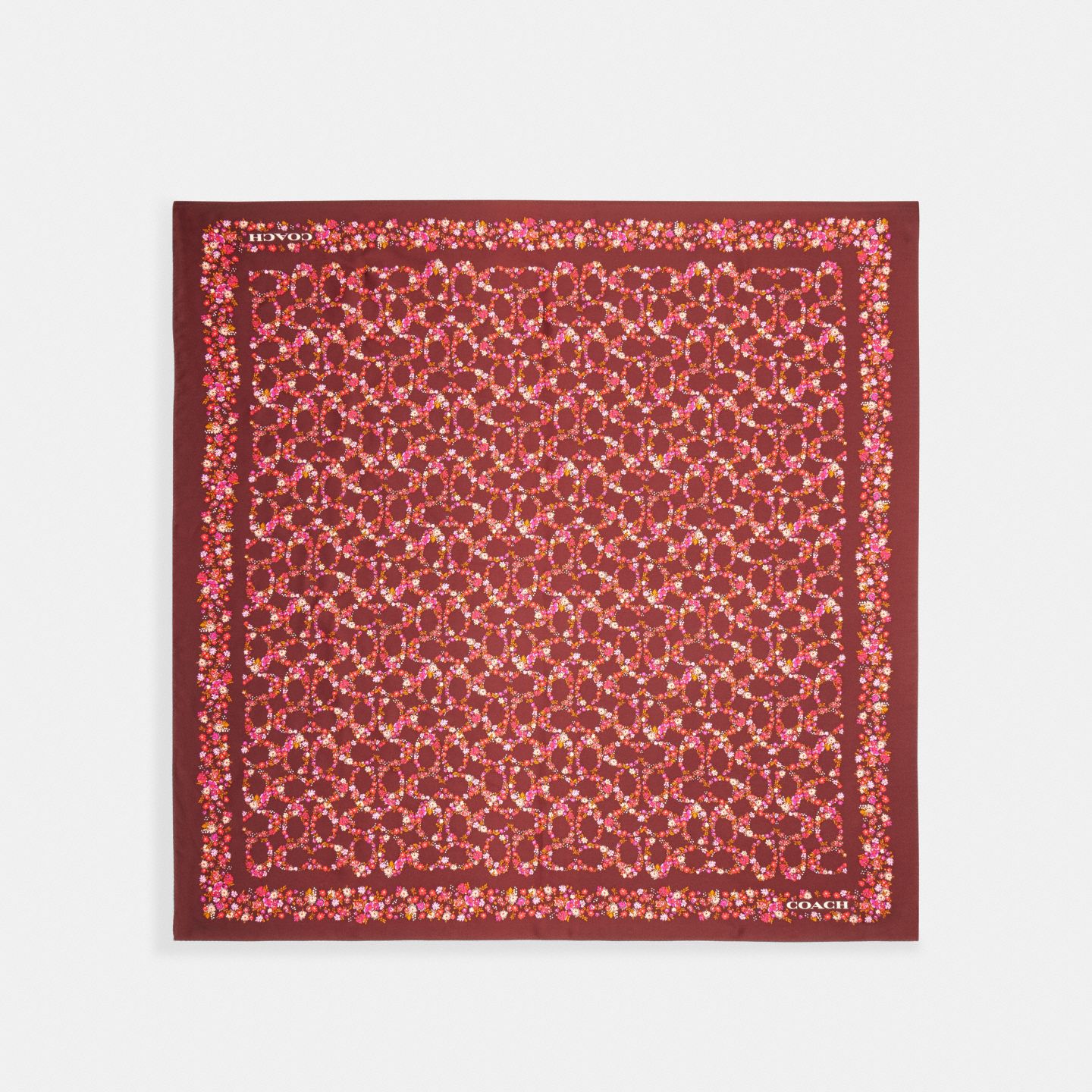 Женский шарф Coach Signature Posey Cluster Print Silk Square, цвет: Коричневый / Разноцветный — фото 1