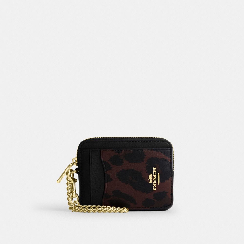 COACH®,Porte-cartes zippé à imprimé léopard,Petit wristlet,Or/Leopard foncé,Front View