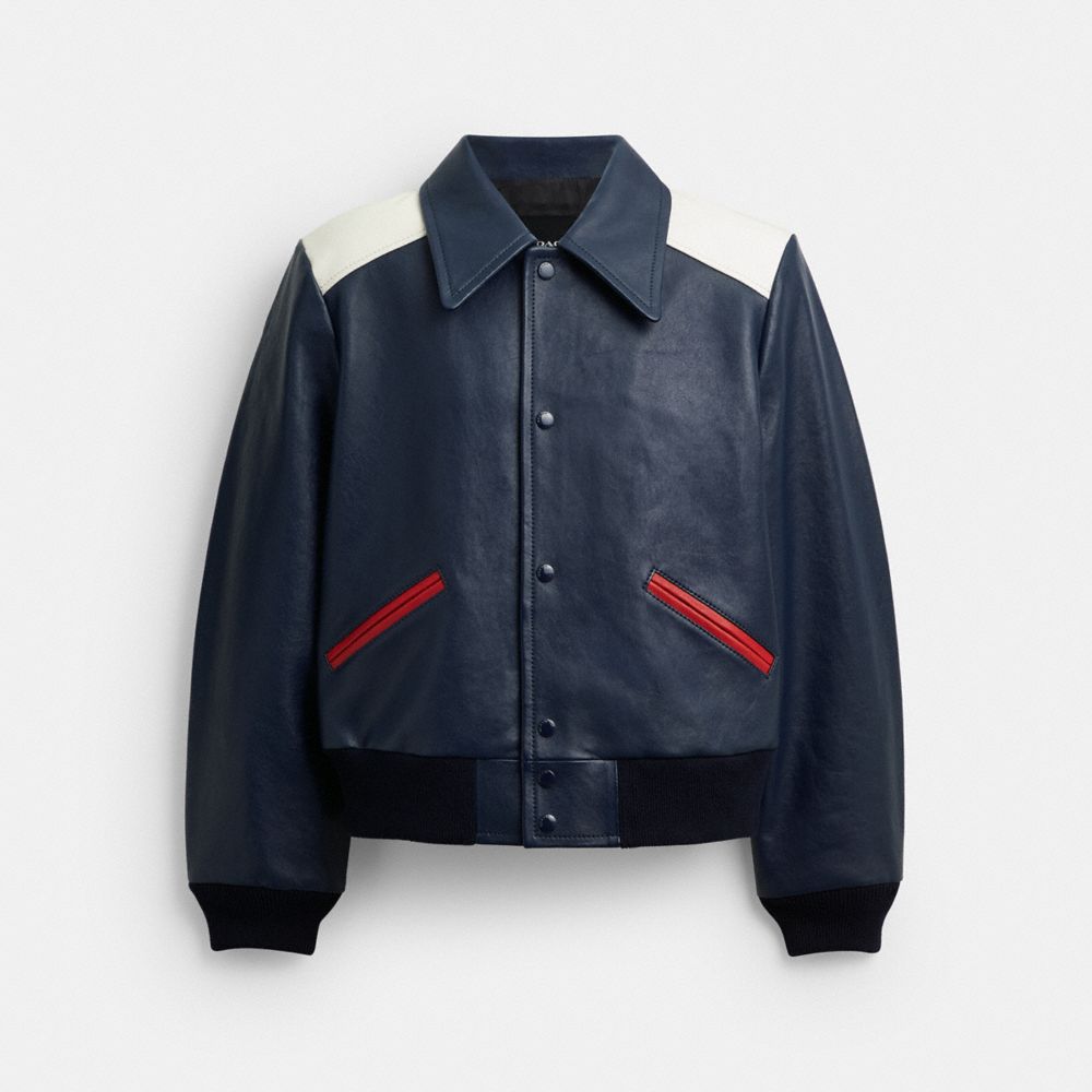 COACH®,Leather Varsity Jacket,,Front View