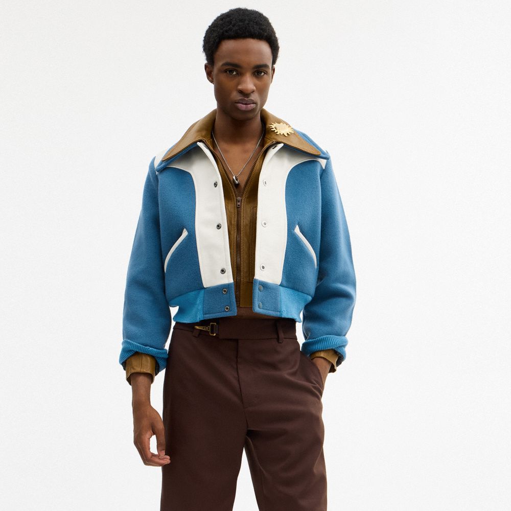 COACH®,Buy Now Wool Varsity Jacket,Knit,Wool Blend,Wool,Cotton,Lambskin,Leather,Polyamide,Cupro,Cotton Knit,Bomber,Color B...,Blue,Scale View