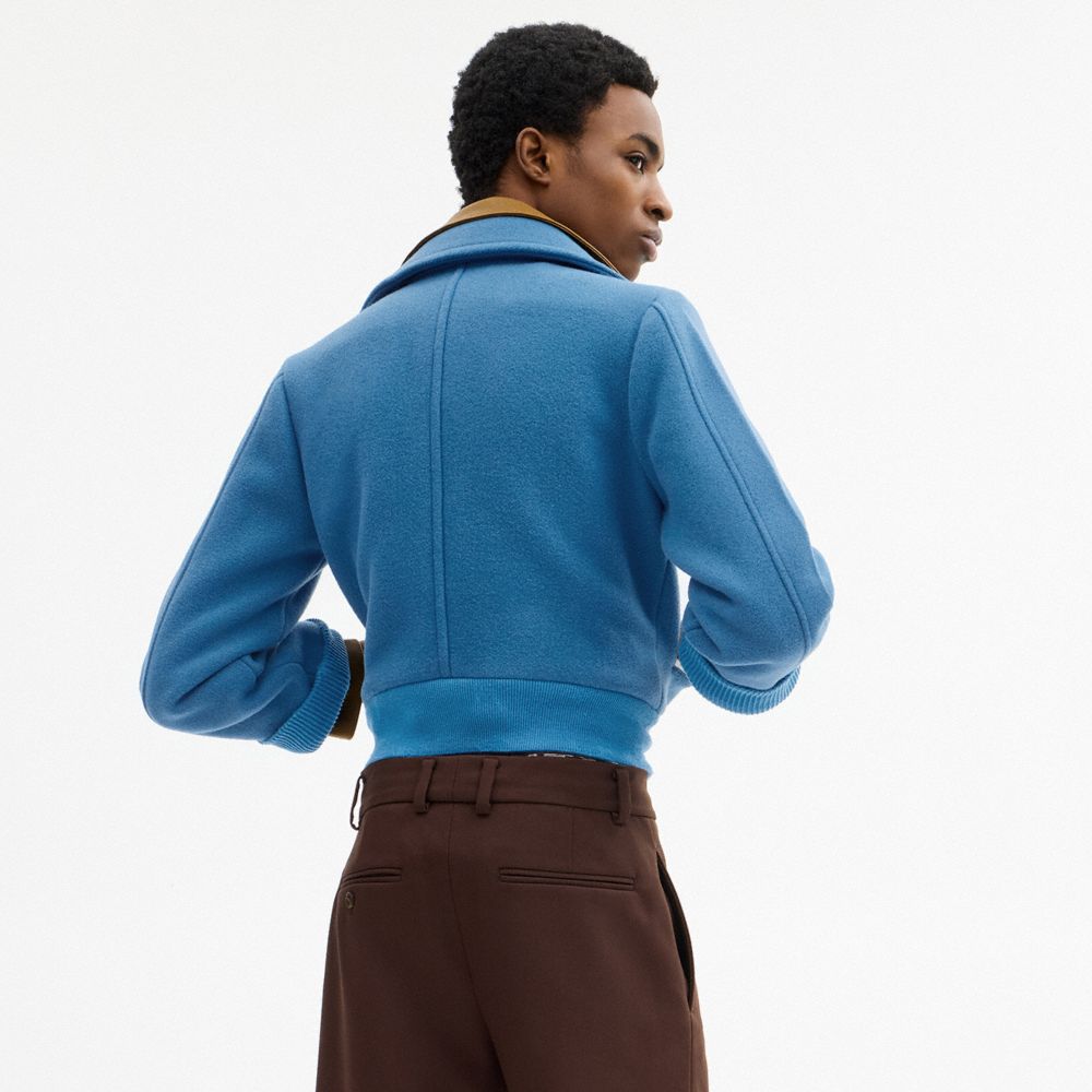 COACH®,Buy Now Wool Varsity Jacket,Knit,Wool Blend,Wool,Cotton,Lambskin,Leather,Polyamide,Cupro,Cotton Knit,Bomber,Color B...,Blue,Scale View