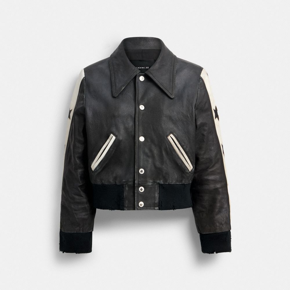 COACH®,Buy Now Star Leather Varsity Jacket,Leather,Cotton,Cupro,Lambskin,Bomber,Leather,Applique,Color Block,Piping,Casual,Black,Front View