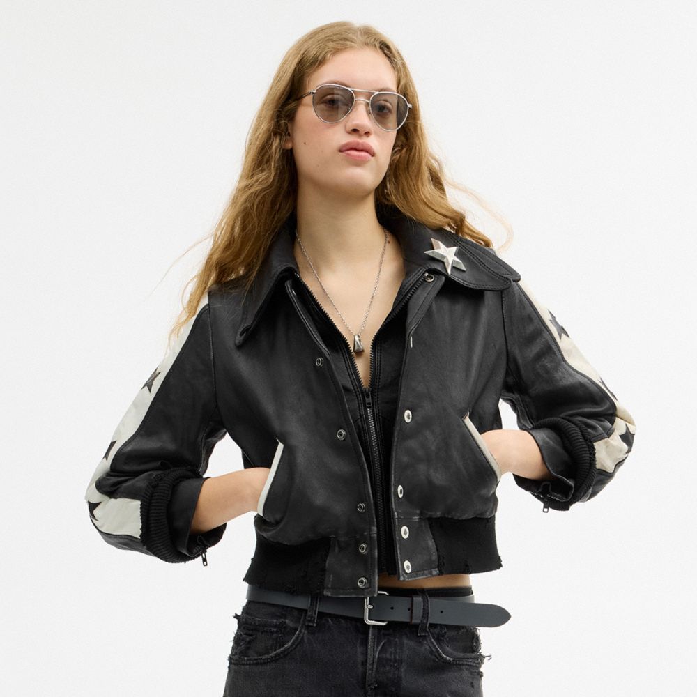 COACH®,Buy Now Star Leather Varsity Jacket,Leather,Cotton,Cupro,Lambskin,Bomber,Leather,Applique,Color Block,Piping,Casual,Black,Scale View