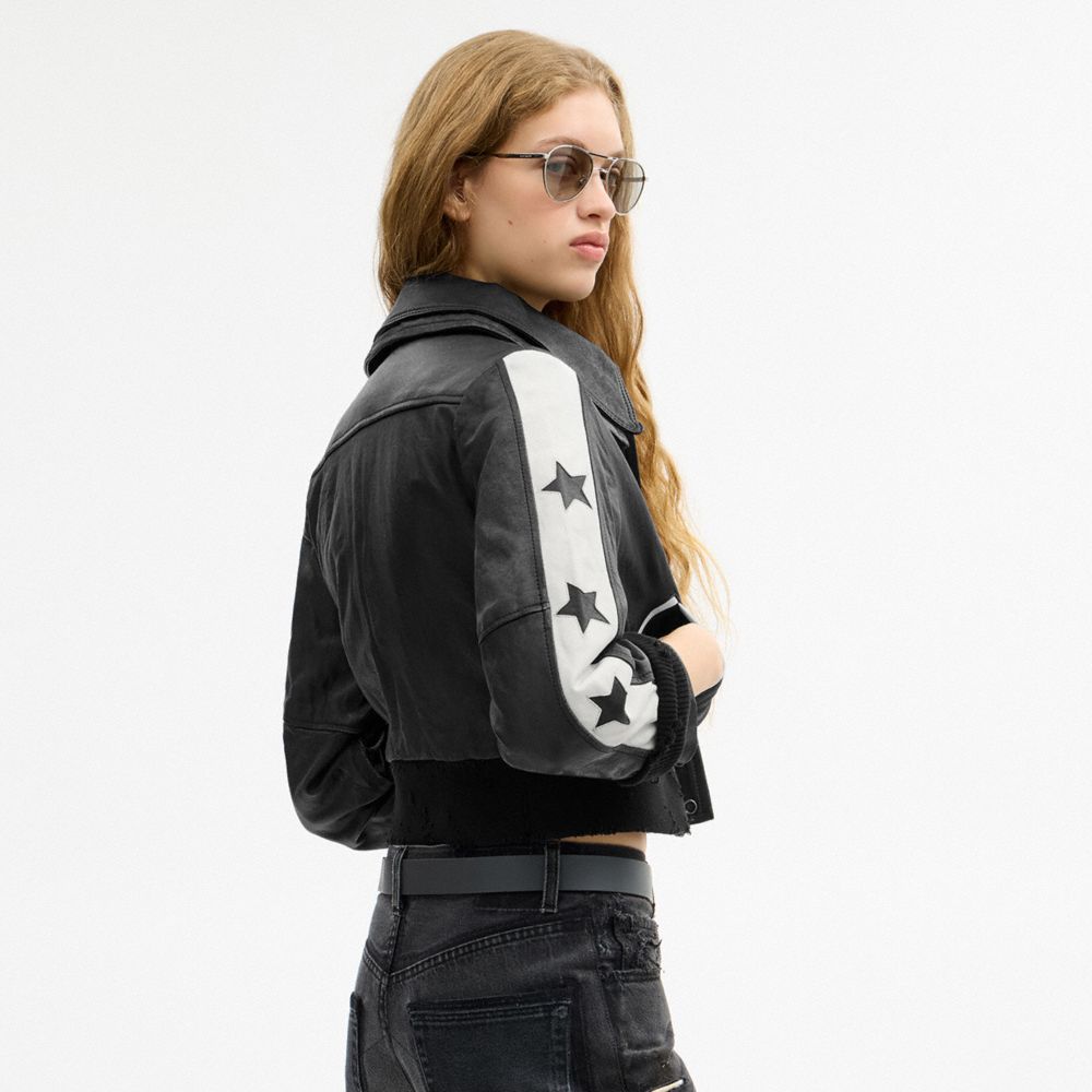 COACH®,Buy Now Star Leather Varsity Jacket,Leather,Cotton,Cupro,Lambskin,Bomber,Leather,Applique,Color Block,Piping,Casual,Black,Scale View