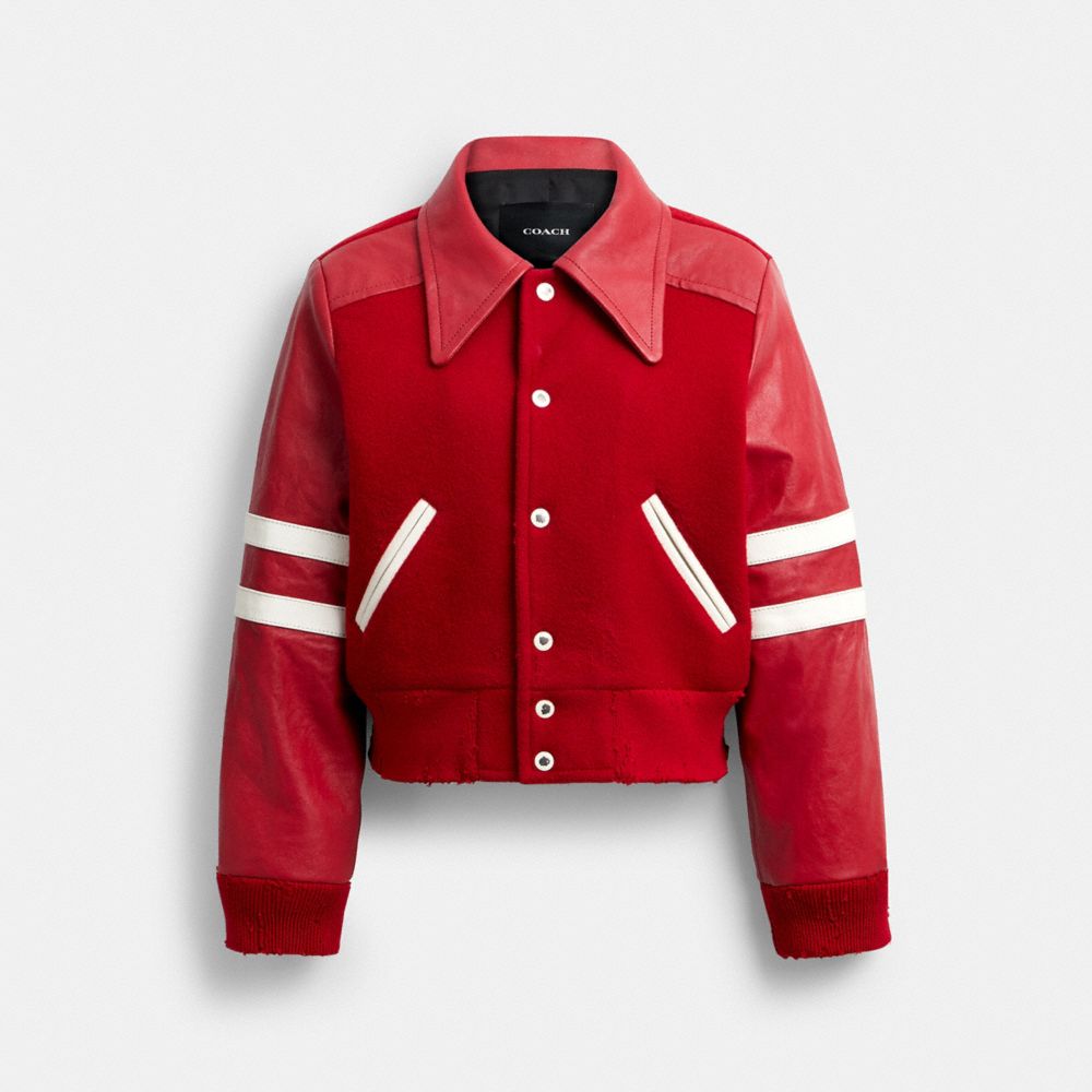 COACH®,Buy Now Stripe Wool Varsity Jacket,,Front View