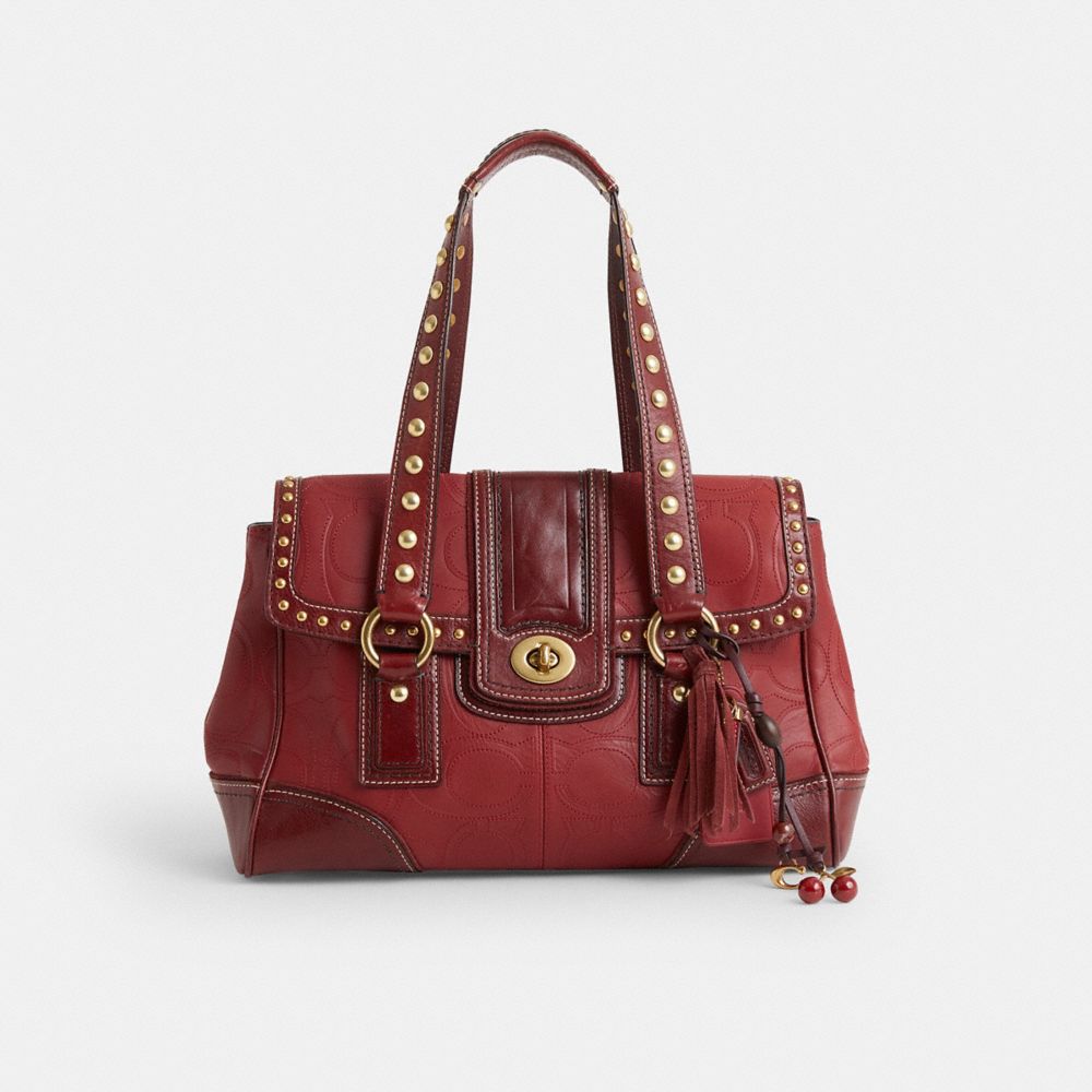 COACH®,Upcrafted Hamptons Signature Flap Satchel,Maroon,Front View