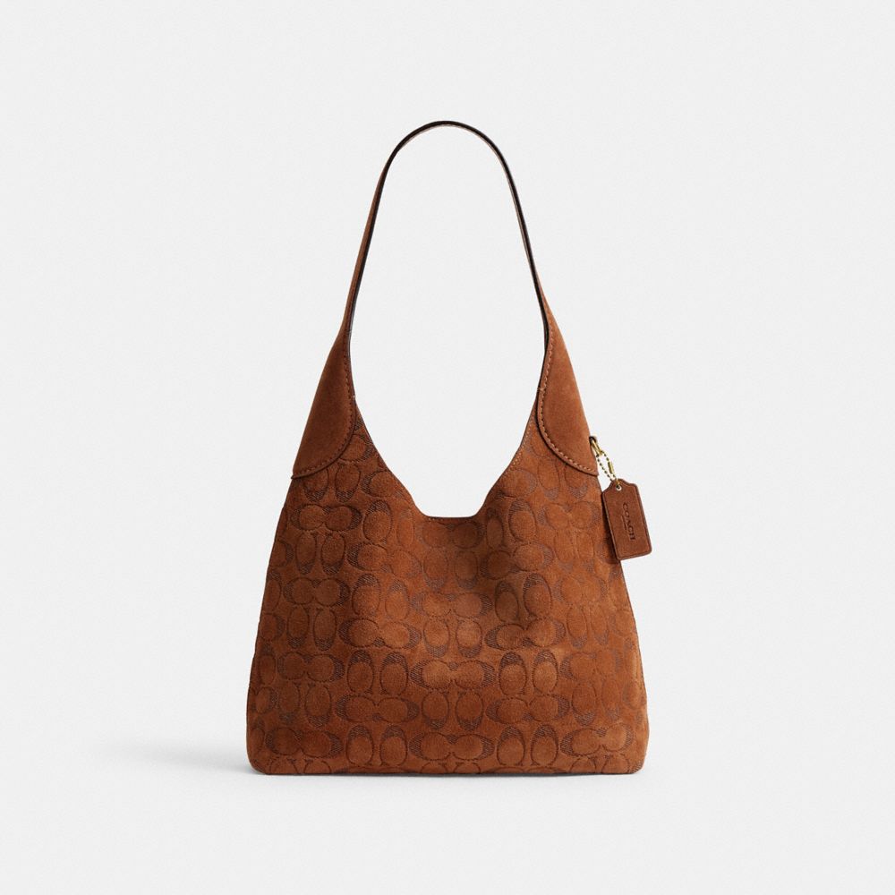 COACH®, ブルックリン ショルダー バッグ 28・シグネチャー スエード, ショルダーバッグ,ﾌﾞﾗｽ/ﾀﾊﾞｺ,Front View