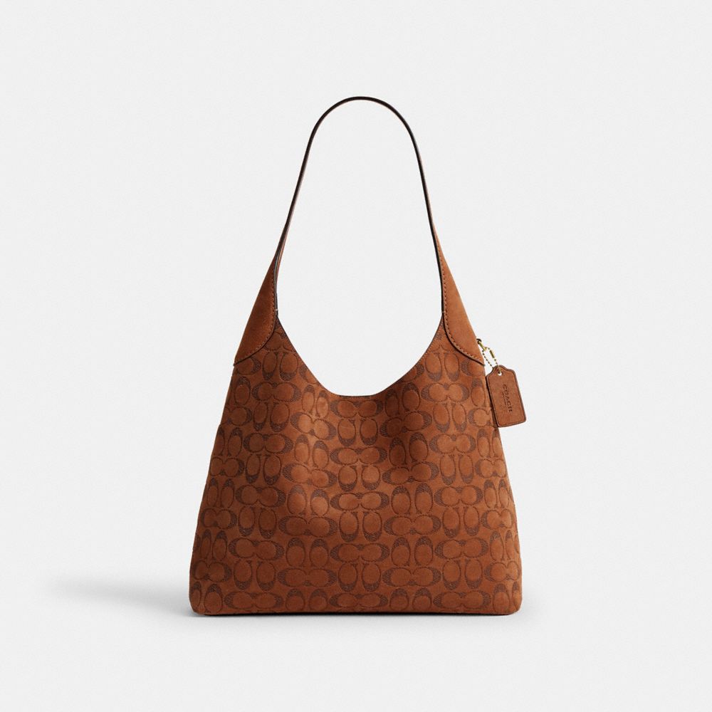 COACH®, ブルックリン ショルダー バッグ 34・シグネチャー スエード, ショルダーバッグ,ﾌﾞﾗｽ/ﾀﾊﾞｺ,Front View