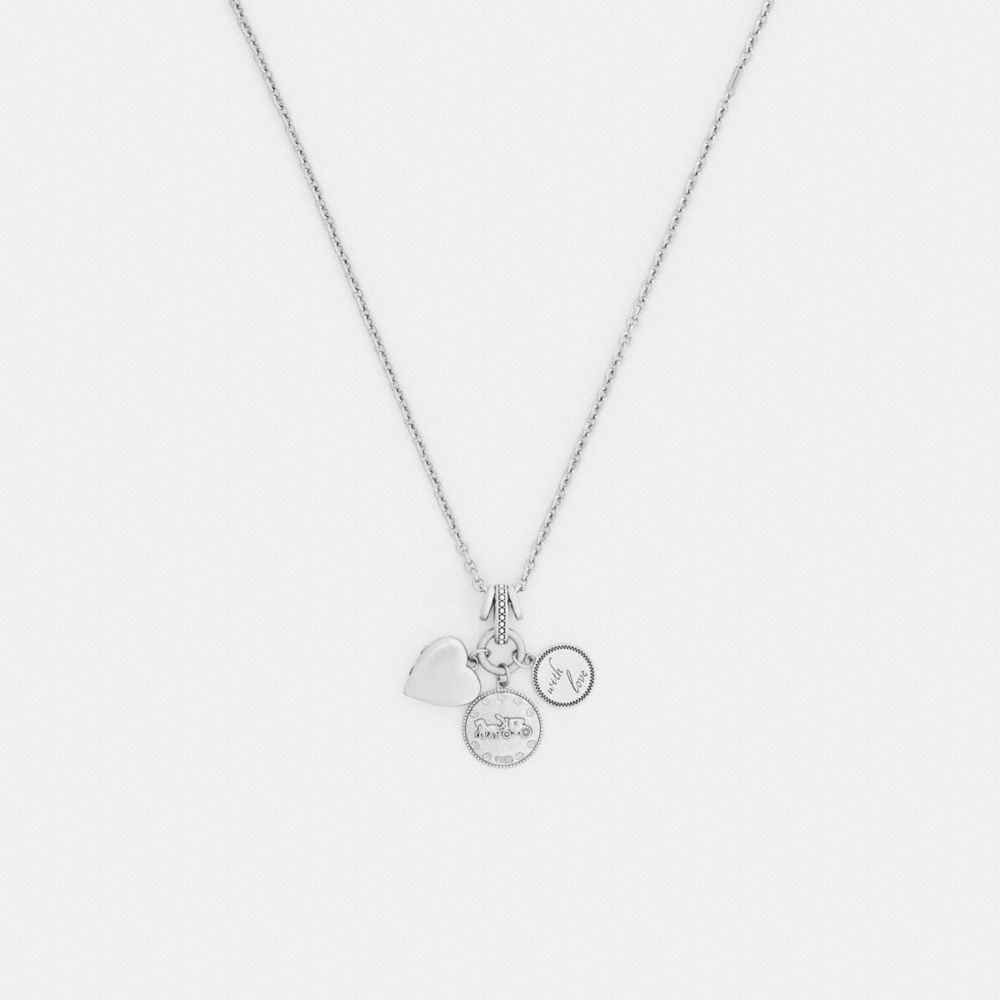 COACH®,Heart And Coins Cluster Pendant Necklace,Cubic Zirconia,Metal Material,Disc,Heart Embellishment,Lettering Word,Locket,,Silver,Front View