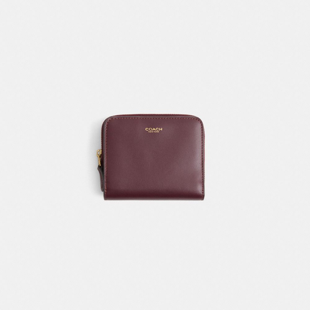 COACH®,Restored New York Billfold Wallet,Calfskin Leather,Bi Fold,Metal Material,Logo,Sustainable,Casual,Maroon,Front View